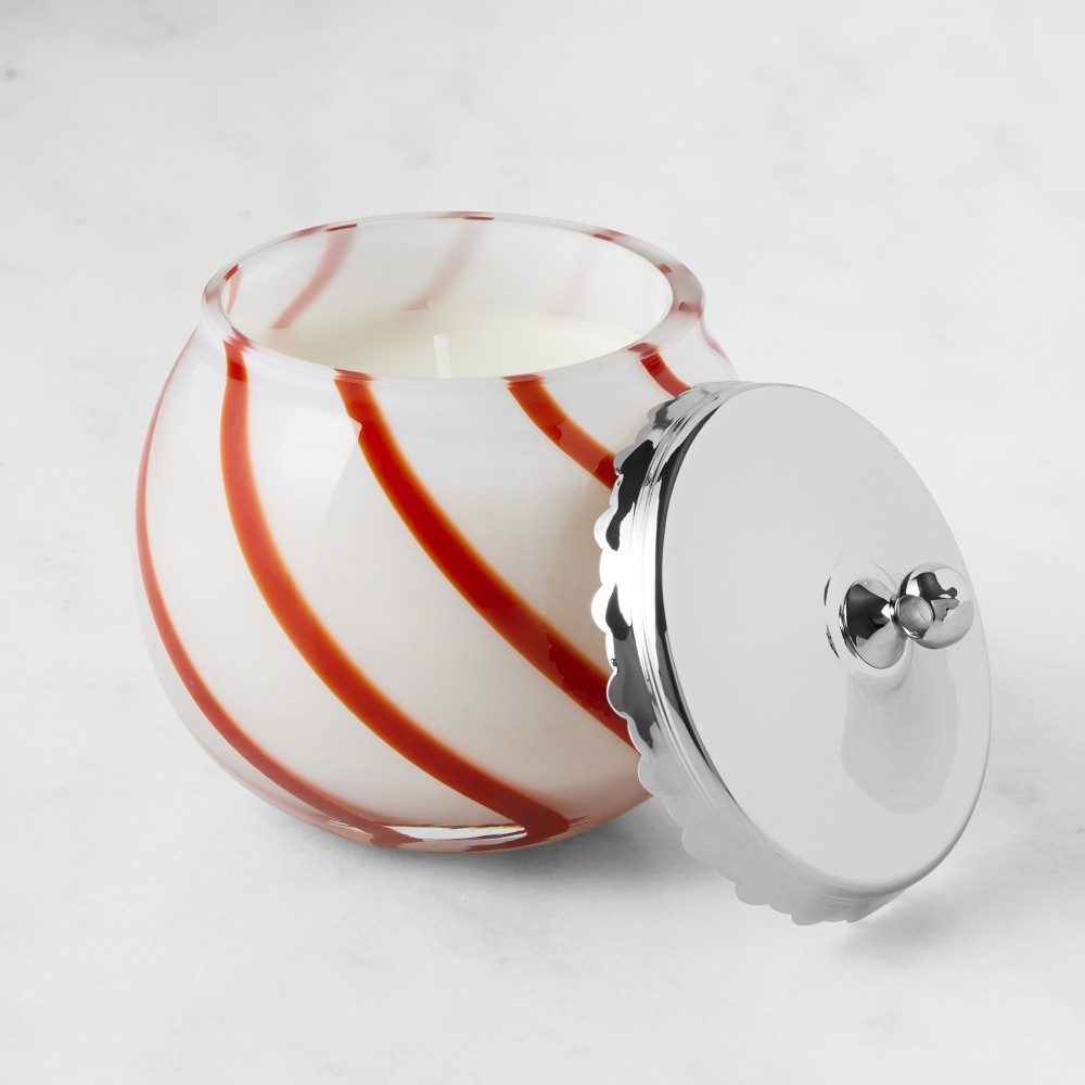 Williams Sonoma Peppermint Swirled Glass Candle, 15oz, NWT, BEAUTIFUL GIFT!